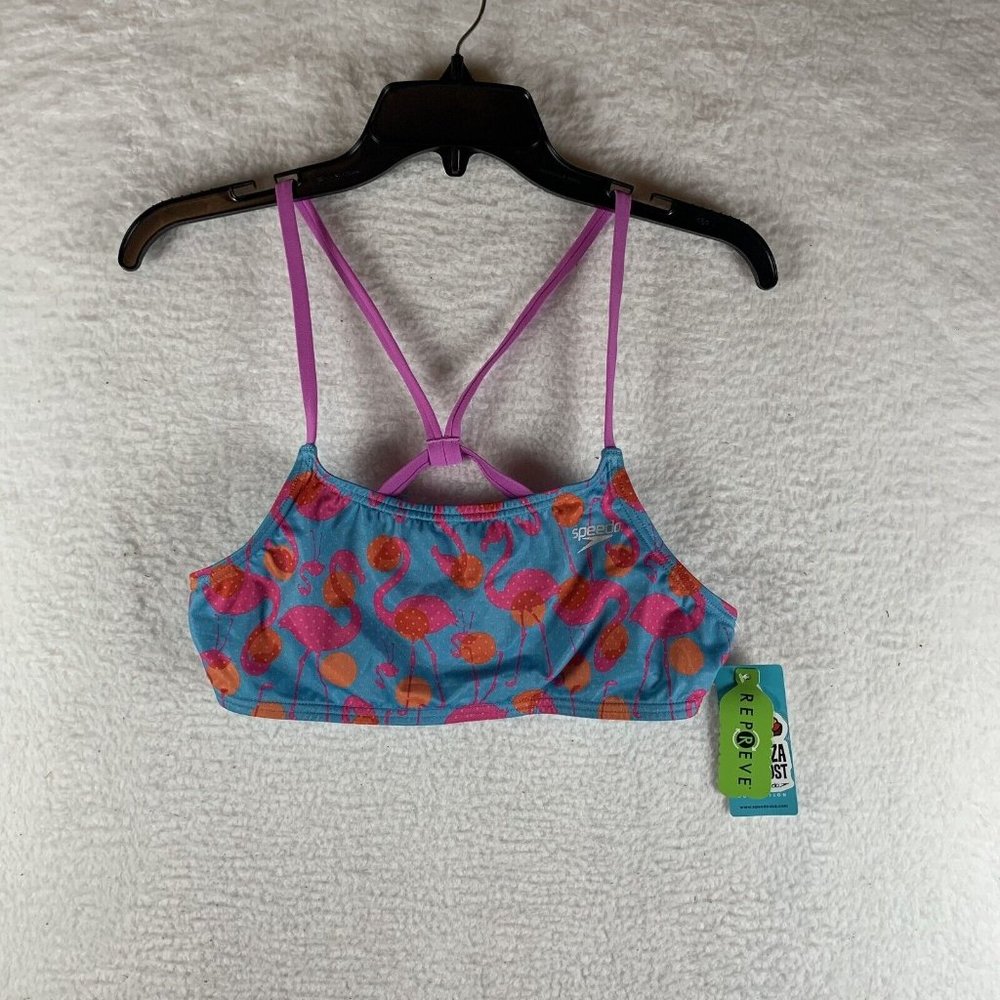 Speedo Bikini Top Women's XL Blue‎ Pink Flamingo Dot Fixed Back Classic 8089